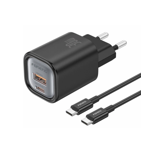 FONENG wall charger EU71 PD 30W 1xUSB-C + 1xUSB QC3.0 + cable USB-C - USB-C Black
