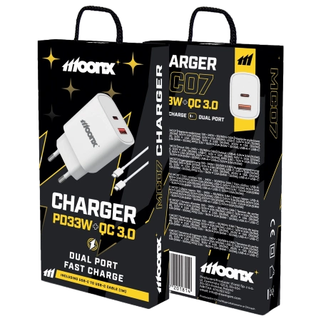 MOONX wall charger MC07 PD 33W 1xUSB-C + 1xUSB QC3.0 + cable USB-C - USB-C White