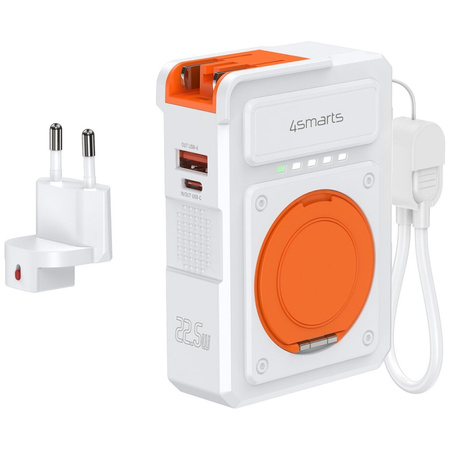 Ładowarka hybrydowa 4smarts 6w1          USB-C/USB-A PD 20W z powerbankiem 10 000 mAh, ładowanie indukcyjne Qi, kabel USB-C, stojak 360, biały