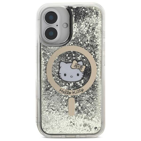 Original Handyhülle IPHONE 16 Hello Kitty Hardcase Liquid Glitter Fever MagSafe (HKHMP16SLGDIK) Schwarz und Golden