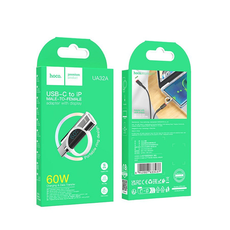 HOCO adapter Typ C (męski) do Lightning (żeński) z wyświetlaczem 3A 60W UA32A srebrny
