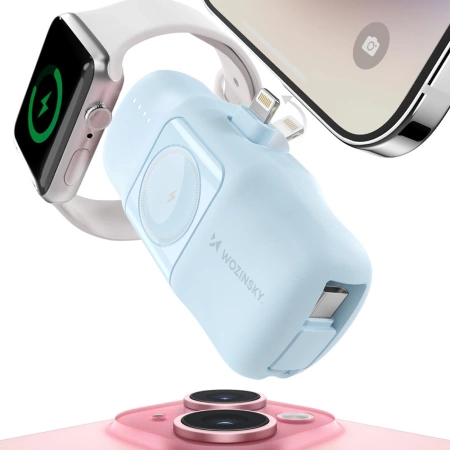 Wozinsky WF16-YLS 5000 mAh 15 W Lightning Mini-Powerbank mit integriertem USB-C-Kabel und Apple Watch Ladegerät – Blau