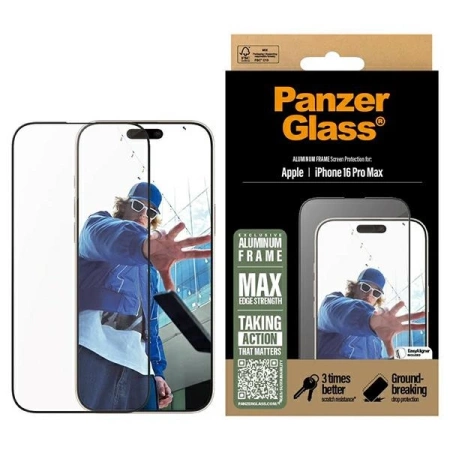 Szkło hartowane PanzerGlass Screen Protector Aluminum Frame Ultra-Wide Fit z aluminiową ramką na iPhone 16 Pro Max