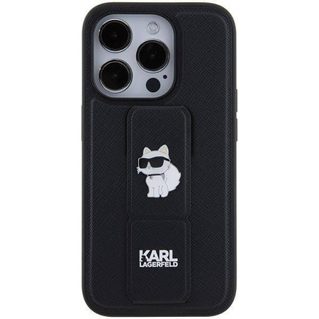 Karl Lagerfeld Gripstand Saffiano Choupette Pins Hülle für iPhone 15 Pro – Schwarz