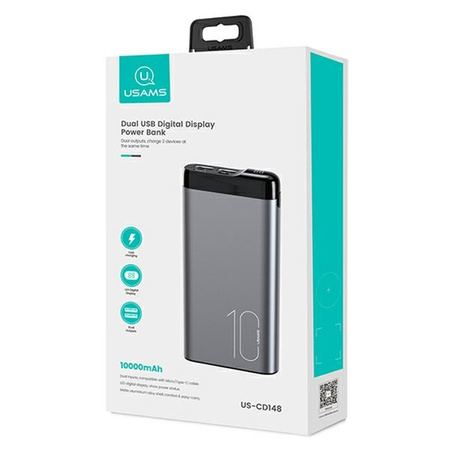 USAMS Powerbank PB55 10000mAh 2xUSBwyświetlacz LED szary/grey 10KCD14801 (US-CD148) aluminium