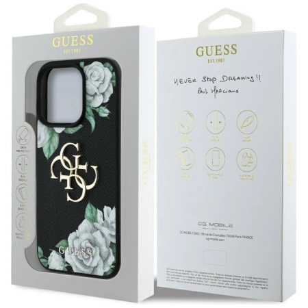 Guess Grained Roses Big 4G Logo iPhone 16 Pro Hülle - Schwarz