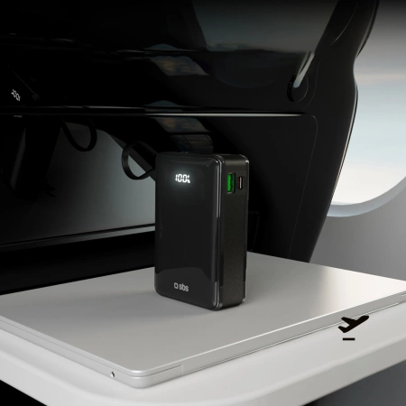 Powerbank SBS 20000 mAh 20W mit integriertem USB-C-Kabel und Digitalanzeige - schwarz