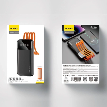 Dudao K6Pro uniwersalny powerbank 10000mAh z kablem USB, USB Typ C, Lightning czarny (K6Pro-black)