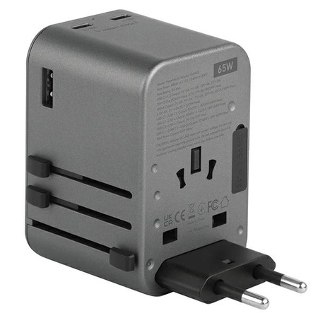 ENERGEA ład. siec. 1xUSB+2xUSB-CPD-PPS-QC 3.0 65W 1A2C adapter 4w1 US/UA/EU/UK szary/gunmetal Travelworld Adapter GaN65W