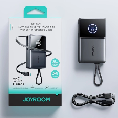 Joyroom JR-PR1 10000mAh 22,5W Powerbank mit integriertem einziehbarem USB-C-Kabel - Schwarz