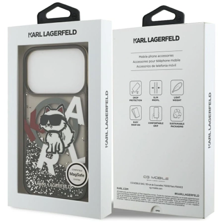 Karl Lagerfeld Liquid Glitter Choupette Logo MagSafe Case für iPhone 17 Pro - Schwarz