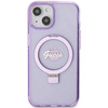 Guess Ring Stand Script Glitter MagSafe Hülle für iPhone 15 Plus / 14 Plus – Lila