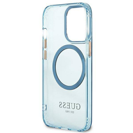 Original Case IPHONE 13 PRO Guess Hard Case Gold Outline Translucent MagSafe (GUHMP13LHTCMB) blue
