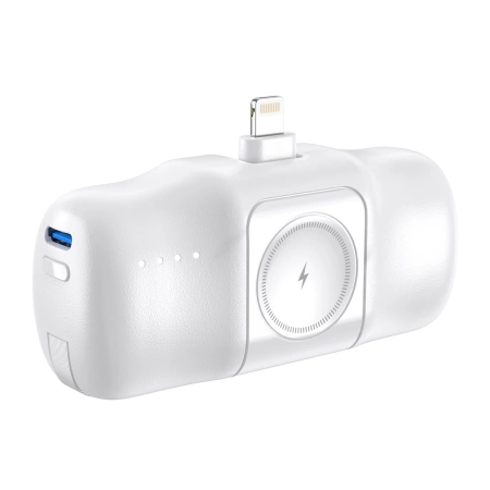 Mini powerbank Wozinsky WF16-YLS 5000mAh 15W Lightning z wbudowanym kablem USB-C i ładowarką do Apple Watch - biały
