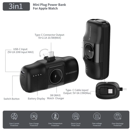 Wozinsky WF16-YCS 5000mAh 15W USB-C Mini Power Bank with Built-in USB-C Cable and Apple Watch Charger - Black