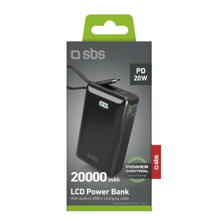 Powerbank SBS 20000 mAh 20W mit integriertem USB-C-Kabel und Digitalanzeige - schwarz