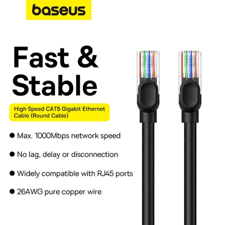 Baseus High Speed ​​Cat 5 RJ-45 1000 Mbit/s Ethernet-Kabel 8 m rund – Schwarz
