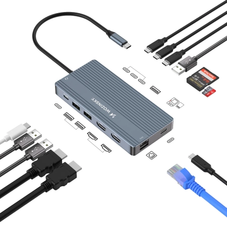 Hub USB-C 14 w 1 Wozinsky WDS03Y5S wielofunkcyjny, aluminiowy, do 3 monitorów, z kablem 15 cm  - szary
