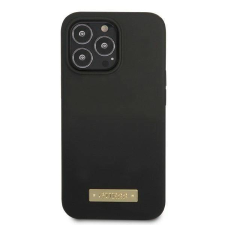 Original Handyhülle IPHONE 13 PRO Guess Hard Case Silicone Logo Plate MagSafe (GUHMP13LSPLK) schwarz