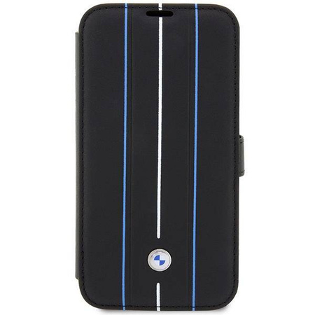 Oryginalne Etui IPHONE 14 PRO BMW Bookcase Leather Stamp Blue Lines (BMBKP14L22RVSK) czarne