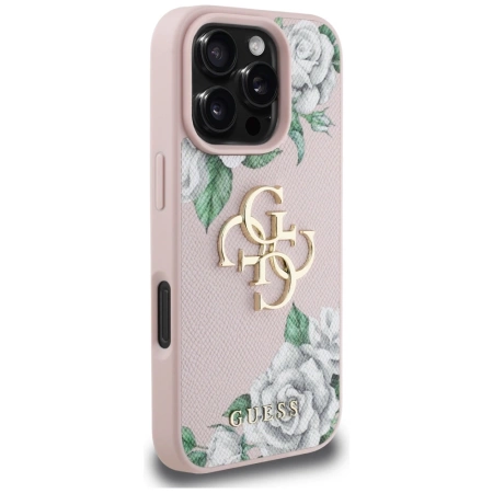 Guess Grained Roses Big 4G Logo iPhone 16 Pro Hülle - Rosa