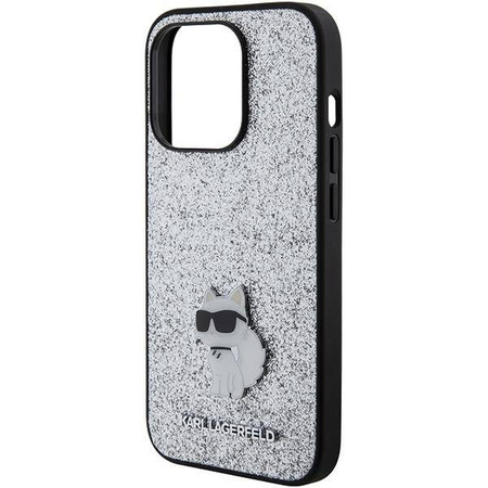 Etui Karl Lagerfeld Fixed Glitter Choupette Logo Metal Pin do iPhone 15 Pro Max - srebrne