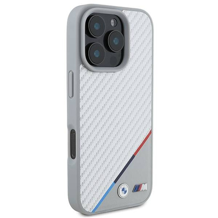 Original Handyhülle IPHONE 16 PRO BMW Hardcase M Carbon Tricolor Line MagSafe (BMHMP16L23PUDTS) grau