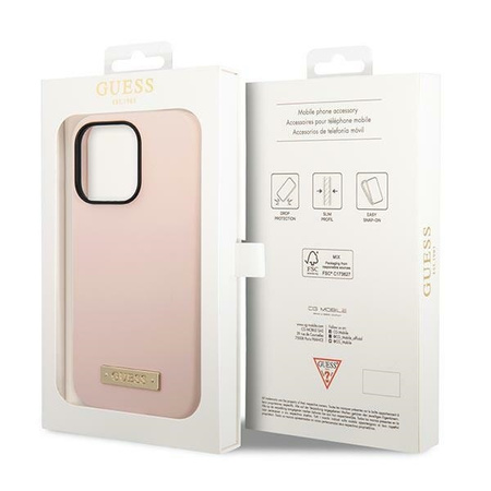 Original Case IPHONE 14 PRO MAX Guess Hard Case Silicone Logo Plate MagSafe pink