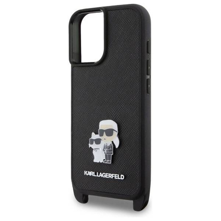 Original Handyhülle IPHONE 16 Karl Lagerfeld Hardcase Saffiano Karl&Choupette Metal Pin CBDY Strap (KLHCP16SSAKCPBK) schwarz