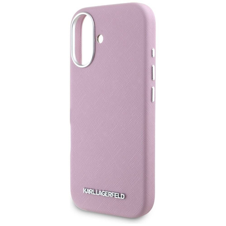 Oryginalne Etui IPHONE 16 Karl Lagerfeld Saffiano Full Wrapped Elongated Metal Logo MagSafe różowe