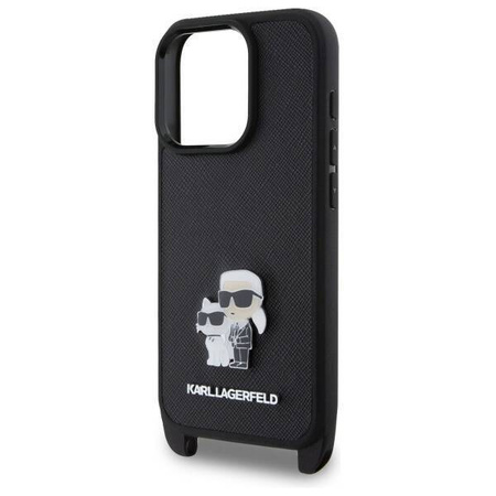 Original Handyhülle IPHONE 16 PRO Karl Lagerfeld Hardcase Saffiano Karl&Choupette Metal Pin CBDY Strap (KLHCP16LSAKCPBK) schwarz