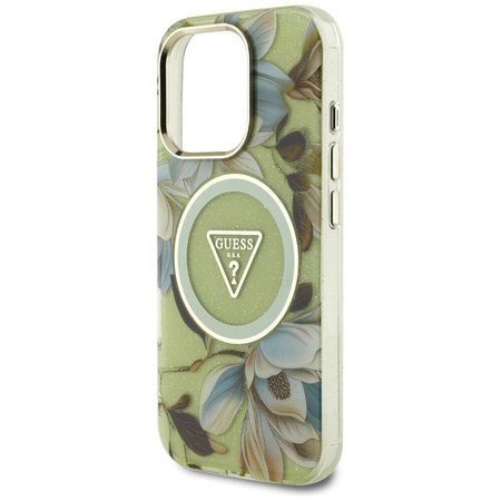 Schutzhülle IPHONE 16 PRO Guess Glitter Flowers Triangle Buttons MagSafe grün