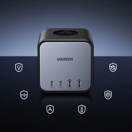 Ugreen kostka listwa zasilająca 65W USB / USB C + 3x gniazdo AC czarna (CD268)