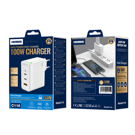 Ładowarka Sieciowa GaN 100W 1x QC3.0 USB + 2x PD USB-C Jellico C118 biała