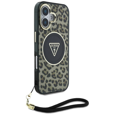 Original Case IPHONE 16 Guess HC IML Leopard Triangle Cord Strap brown