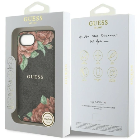 Etui Guess 4G Flowers Print MagSafe na iPhone 16e - czarne