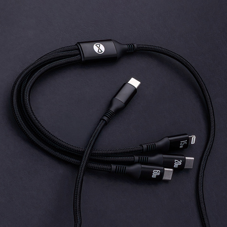 Forever kabel 3w1 USB-C - Lightning + 2x USB-C 1,2 m 60W czarny