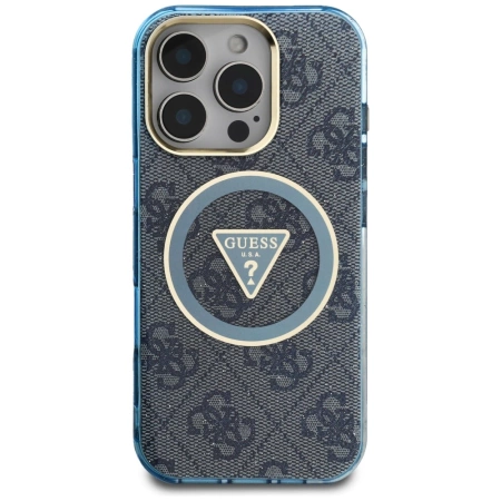 Etui Guess IML Metal Glitter 4G Circle Triangle MagSafe na iPhone 16 Pro Max - niebieskie