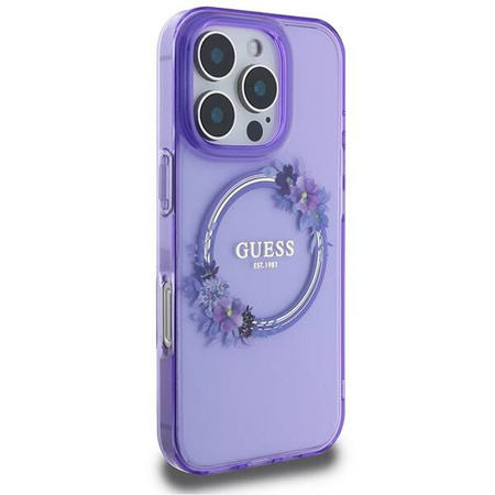 Original Handyhülle IPHONE 16 PRO Guess Hardcase IML Flowers Wreath MagSafe (GUHMP16LHFWFCU) lila