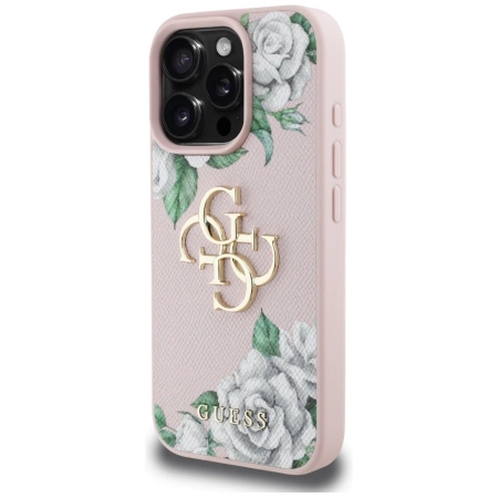 Guess Grained Roses Big 4G Logo iPhone 16 Pro Hülle - Rosa