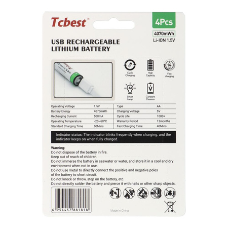 TCBEST bateria akumulatorowa R6 (AA) 1100 mAh z gniazdem Typ C + kabel USB A do 4 x Typ C 4 szt