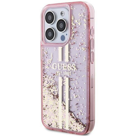 Oryginalne Etui GUESS Hardcase GUHCP15LLFCSEGP do iPhone 15 Pro (Liquid Glitter Gold Stripes / różowy)