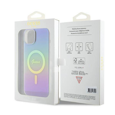 Oryginalne Etui APPLE IPHONE 15 Guess Hardcase IML Iridescent MagSafe (GUHMP15SHITSU) fioletowe