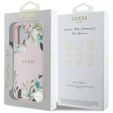 Case IPHONE 16 Guess Grained Printed Flower Pattern MagSafe pink
