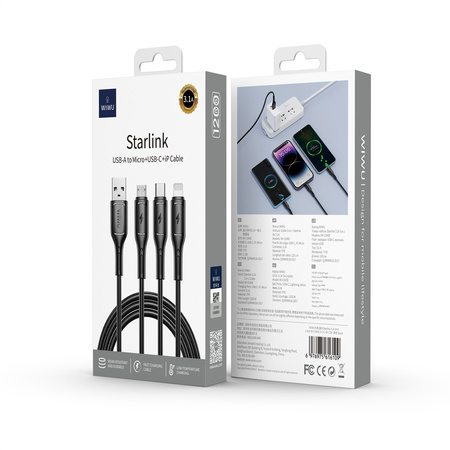 WIWU kabel Starlink Series 3.1A 3in1 cable Wi-C045E A-C+L+M czarny