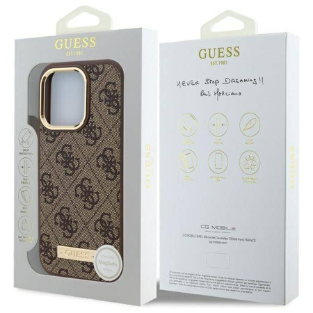 Original Handyhülle IPHONE 16 PRO MAX Guess Hardcase 4G Logo Plate MagSafe (GUHMP16XU4GPRW) braun