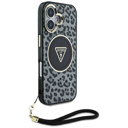 Original Case IPHONE 16 Guess HC IML Leopard Triangle Cord Strap black