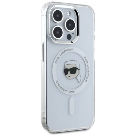 Oryginalne Etui IPHONE 15 PRO Karl Lagerfeld Hardcase IML Metal Karl Head MagSafe białe