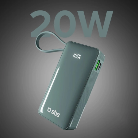 Powerbank SBS 10000 mAh 20W mit integriertem USB-C-Kabel und Digitalanzeige - grau