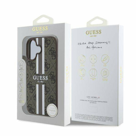 GUESS futerał do IPHONE 16 kompatybilny z MagSafe GUHMP16SP4RPSW (4G Pronted Stripes) brązowy